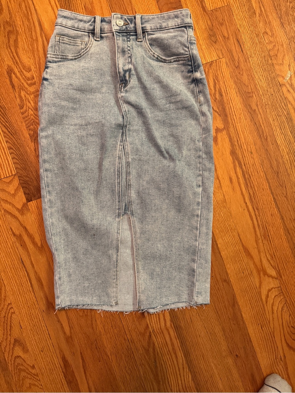 Light Wash Denim Midi Skirt with Front Slit